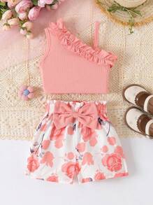 Conjunto de top de camisola sin mangas con volantes + pantalones cortos con estampado todo sobre de girasol y decoración de lazo para niñas jóvenes