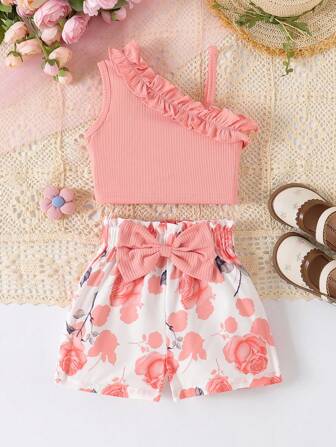Young Girls Ruffle Trim Sleeveless Camisole Top + Sunflower All-Over Print Bow Decor Shorts Set