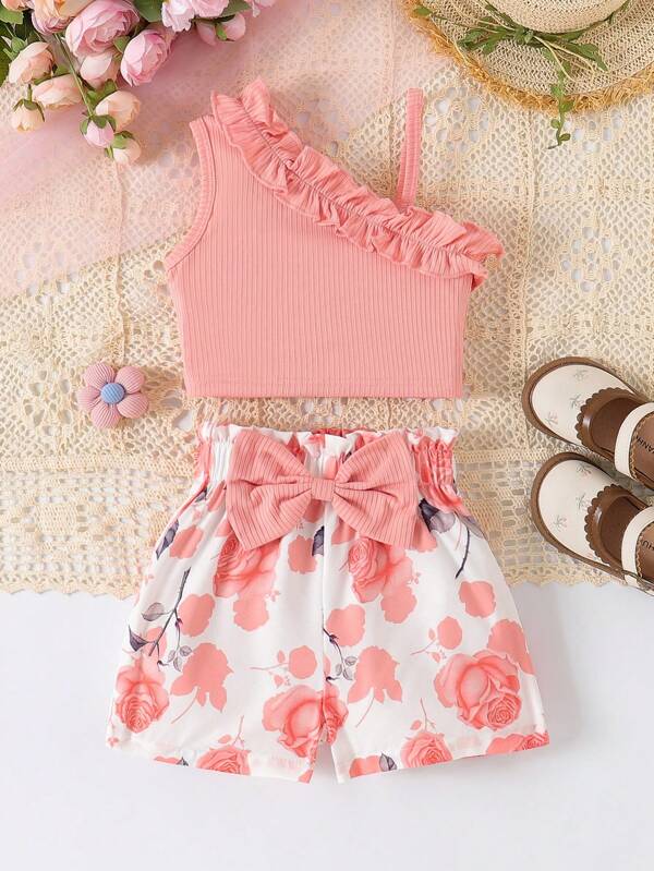 Kleine Mädchen Set bestehend aus ärmellosen Camisole Top mit Rüschensaum und Shorts mit Sonnenblumen Allover-Muster und Schleifen-Verzierung