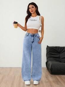 Women Casual High Waist Straight-Leg Washed Denim Jeans