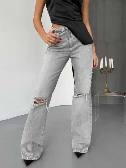 SQUALO Women's Light Gray Washed Destroyed FlareLeg High Waist Jeans