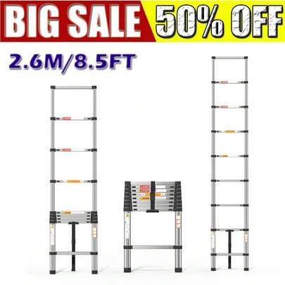VickyHome Telescopic Ladder With Non-Slip Feet, 2.6M/8.5FT Thickened High-Strength Stainless Steel Extendable Ladders, Adjustable Height Collapsible Ladder For Caravans Lofts, Outdoors And Interiors,Black