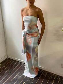 Women Y2k Strapless Tube Dress Bodycon Maxi Dress Solid Color/Floral Print Tie Up Waist Sexy Long Dress For Cocktail Dress Beach Party Summer Vacation Dresses Streetwear - 彩色 - 查看 5