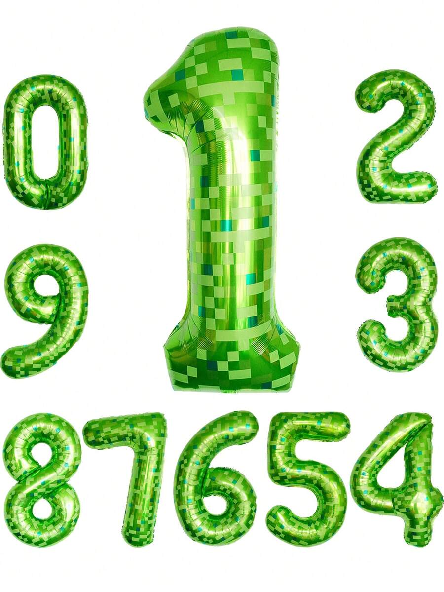 Extra Large Green Plaid Digital Balloon, Pixel Blocks Foil Inflatable Numbers, Suitable For Baby's Birthday Photos, Birthday Party Background Decor, Room Decoration