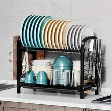 1 Stück 2-stufiger Abtropfständer mit Besteckhalter - Metall und Kunststoff Küchen Arbeitsplatten Geschirrtrockner, Edelstahl Bestecktrockner mit Schneidbrett Rack, Teller und Tassen Organizer