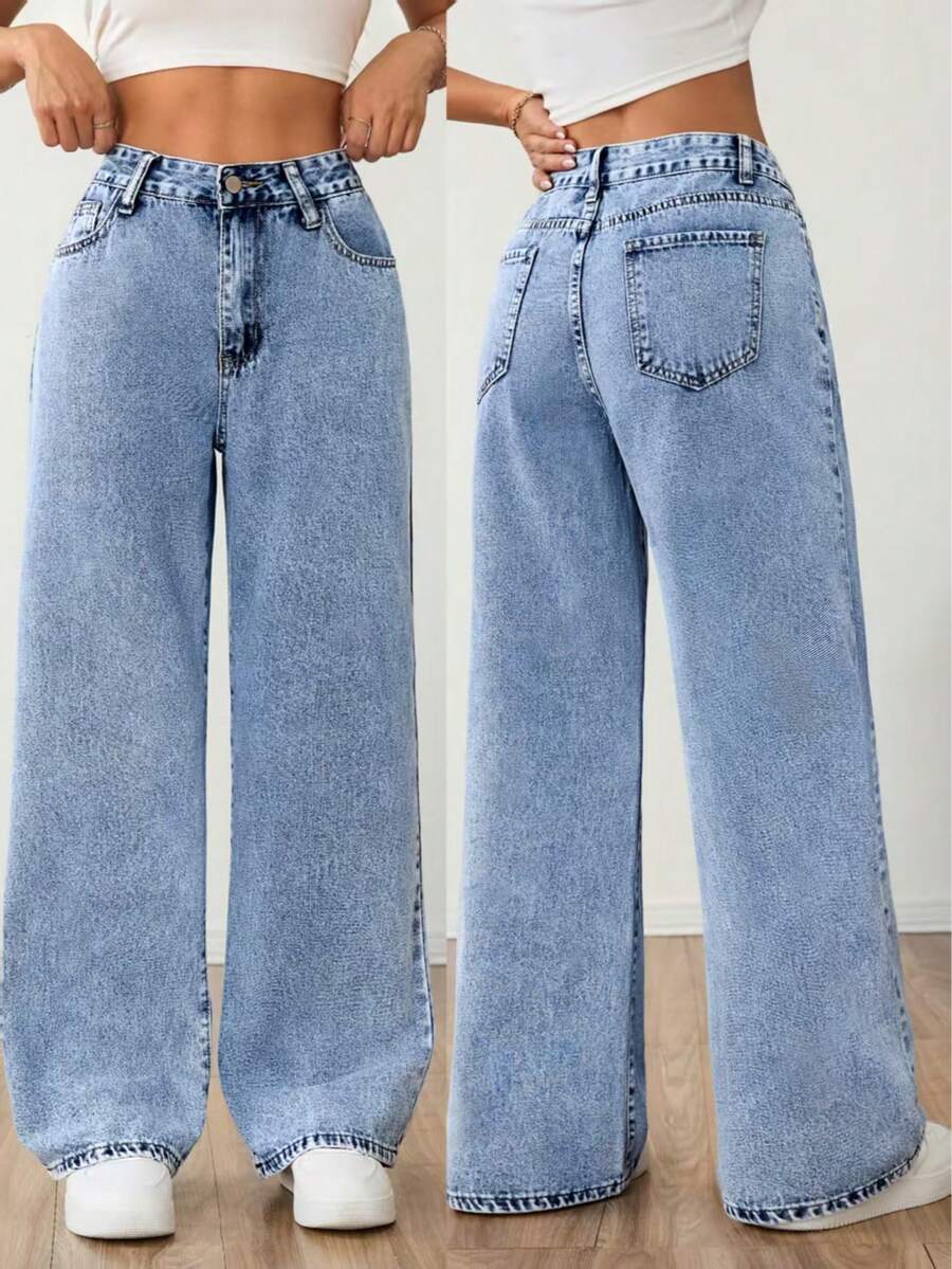 Women Casual Light Wash Denim Wide Leg Jeans Long Length Flakes Detail Non-Stretch Fabric - Light Wash - View 1