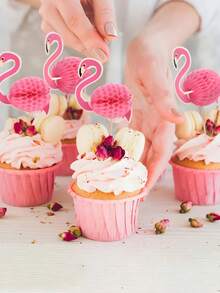 50 件夏季火烈鸟纸杯蛋糕装饰，3D 夏威夷鸡尾酒水果棒，热带火烈鸟纸杯蛋糕签，适用于新娘送礼会、婚礼、海滩派对、夏季泳池派对装饰