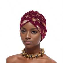 1PC Fashionable Versatile Feather Metallic Gold Print India-Style Head Wrap Turban, Cancer Chemo Hat For Hair Coverage