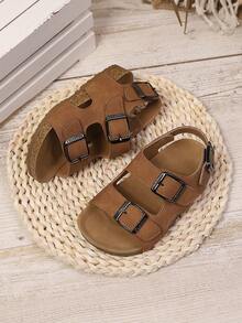 1 Pair Children Double Buckle Non-Slip Soft-Bottom Minimalist Fashion Flat Sandals, Suitable For Summer