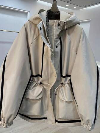 女款黑白碰撞秋季拉链长袖休闲收腰连帽中长款风衣