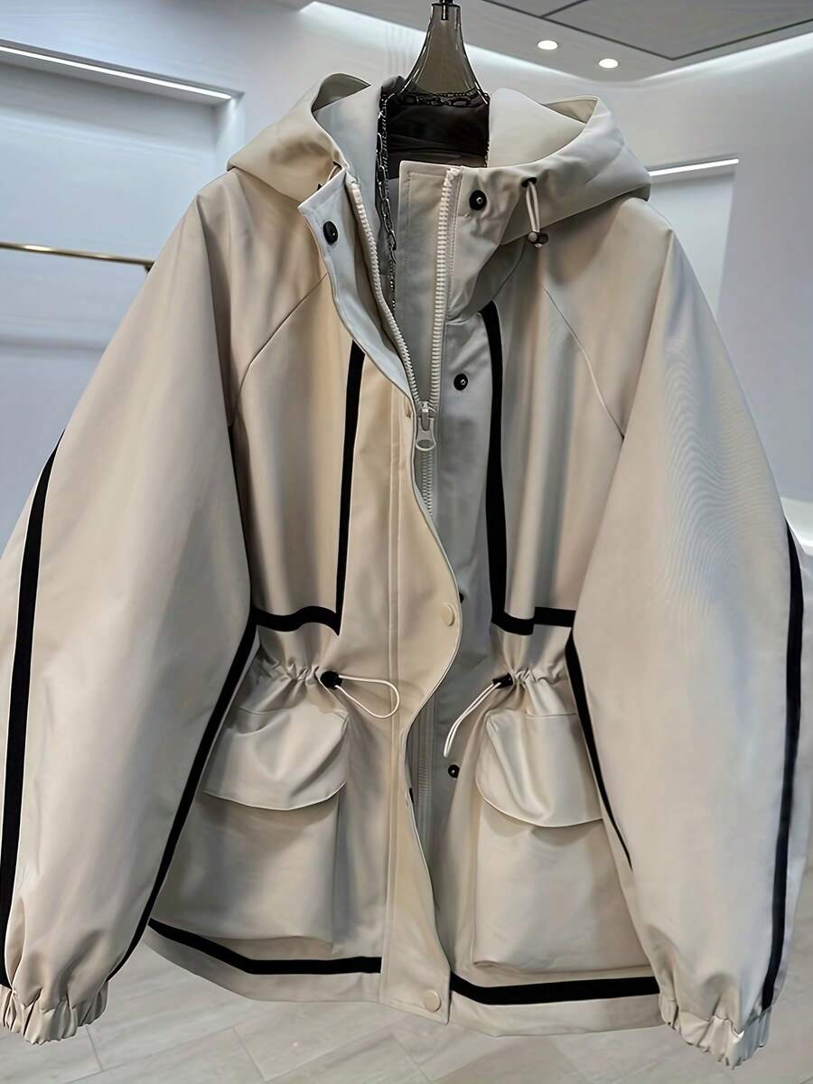 Women's Black And White Collision Autumn Zipper Front Long Sleeve Casual Cinched Waist Hooded Mid-Length Windbreaker Spring - Beige - View 1