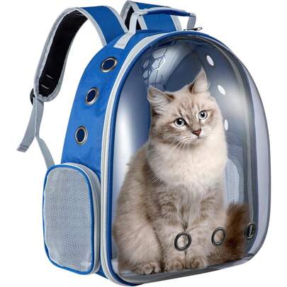 yorking Transparent Cat Carrier Backpack With Space Capsule Dome – Hard-Shell Pet Travel Backpack With Breathable Mesh, Padded Straps & Clear Window For Cats And Small Dogs – Ideal For Hiking, Vet Visits & Outdoor Adventures (Blue)
