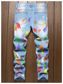 Tween Boys Casual Colorful Graffiti Print Jeans,Fashion Stretch Slim Fit Denim Pants,Hip Hop Ripped Jeans For Boys,Light Blue Jeans,Soft Comfortable  Long Pants For Kids/Young Boys,To 8-16 Year Old Size - Màu xanh lam - Xem 2