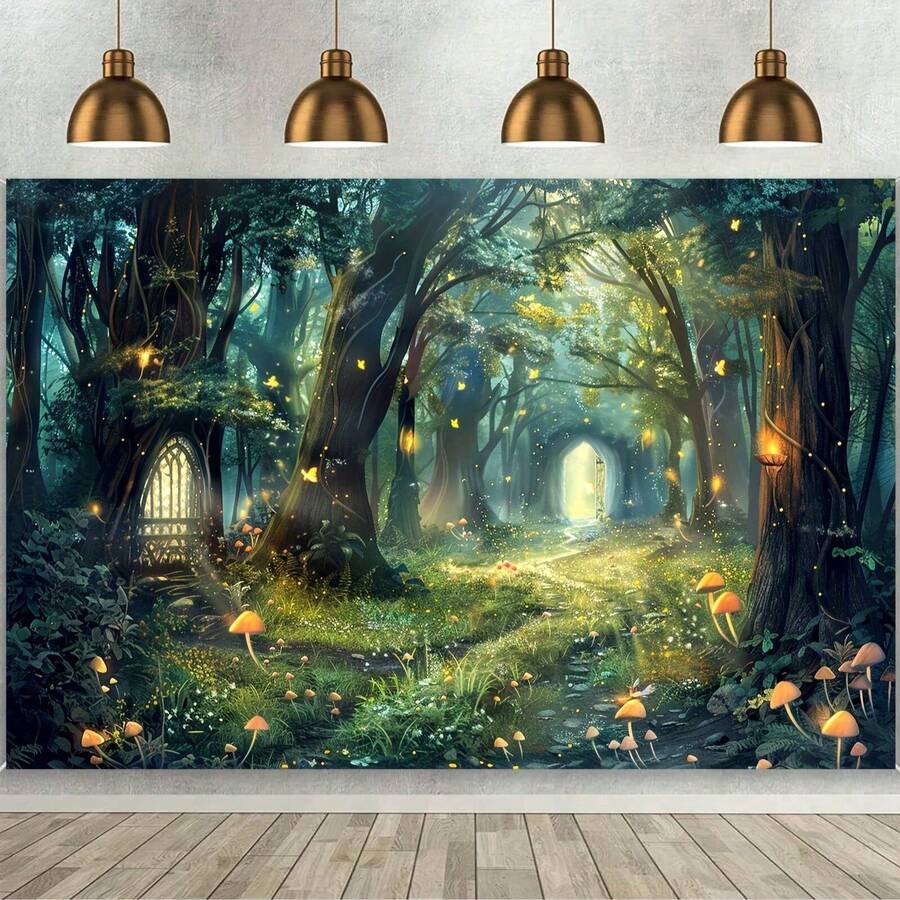 1pc Vibrant Fireflies Forest Backdrop - Enchanting Fairy Tale Scene, Polyester Material, Multipurpose Decor For Birthday Parties, Spring Events, And Home Decor - Universal Fit, Easy Setup, And Reusable Design - Multicolor - View 1