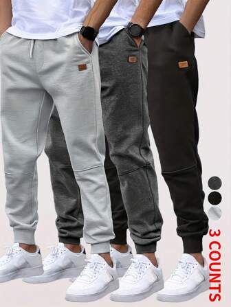 3pcs Men's Solid Color Casual Comfortable Breathable Drawstring Waist Pocket Running Fitness Workout Sports Sweatpants