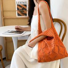 Women's Knitted Large Capacity Tote Bag, Solid Color Hollow Diamond Pattern Shoulder Bag, Fashion Foldable Easy-To-Store Shopping Bag, Blue/Orange Handbag, 100% Polyester, Beach Style, Suitable As Gift For Women