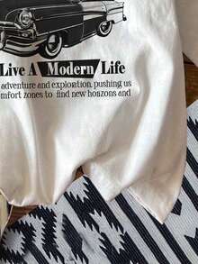 Las mujeres de cuello redondo suelta calle F1 coche de carreras patrón ins ráfaga suelta que contiene algodón camiseta - Blanco - Ver 2