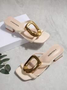 Women's Beige Open Toe Square Head Thick Heel Strap Buckle Decor High Heel Sandals, Elegant Charming Elegant Romantic Sexy Simplistic Suitable For Wedding, Party, Dress, Mule