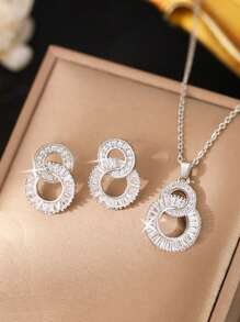1 Conjunto/3 Peças Elegante Conjunto de Joias Geométricas Brancas Redondas com Pingente de Número Cúbico de Zircônia, Brincos e Colar para Mulheres, Presente de Noivado, Casamento e Festa