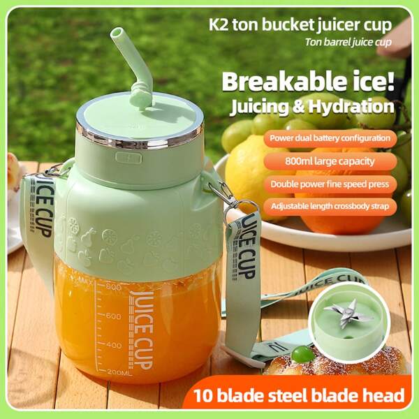 Liquidificador portátil, liquidificador recarregável por USB com canudo, liquidificador de sucos de tamanho pessoal, adequado para milk-shake e gelo picado, equipado com 10 lâminas, mini copo para smoothies com canudo, adequado para fitness, viagens e perda de peso (inclui canudo e corda)