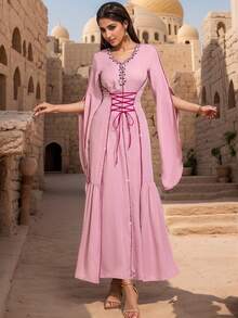 BEAUTY AMINAH 5039 V-Neck Women Abaya Dress, Waist Tie Belt + Handmade Crystal Flared Sleeve, Eid Festival Party Gown