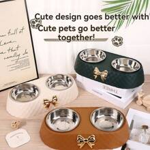 Stainless Steel Double Bowl Pet Dog Food Bowl, Cute Bow Design Cat Feeding Bowl, Dual Use For Food And Water