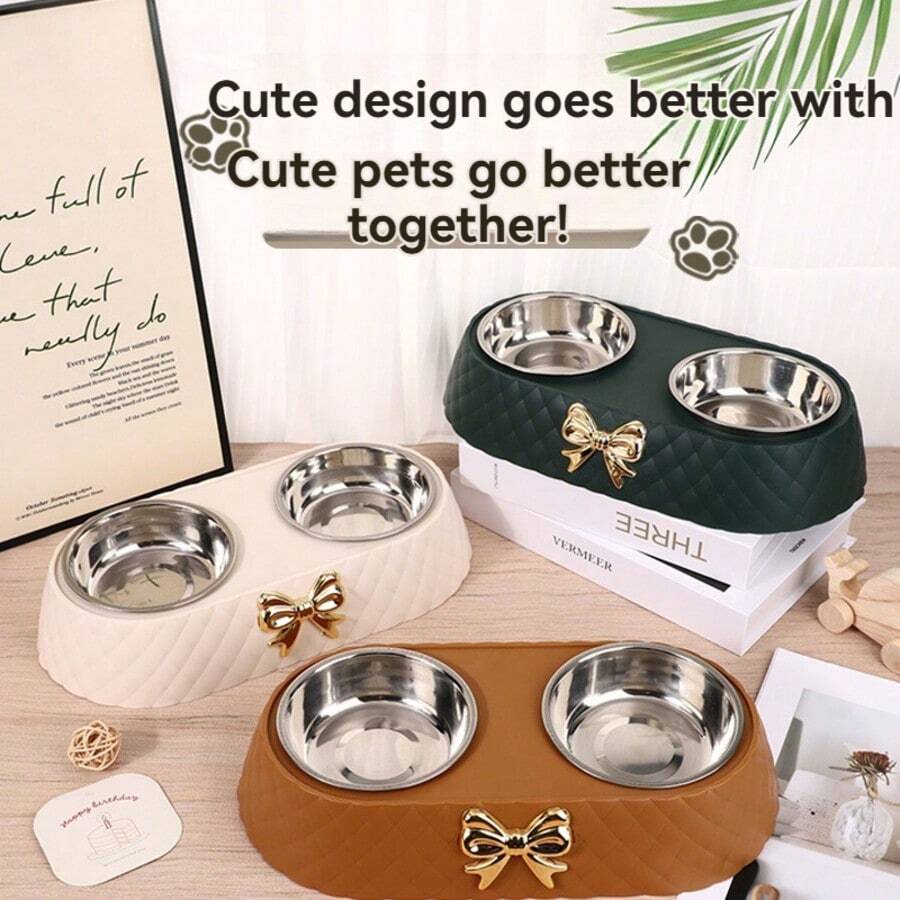 Stainless Steel Double Bowl Pet Dog Food Bowl, Cute Bow Design Cat Feeding Bowl, Dual Use For Food And Water