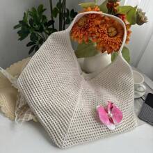 Summer Hollow Knit Tote Bag, Large Capacity Luxury Women Plain Casual Shoulder Bag, Butterfly & Floral Decor One Shoulder Strap Tote, Suitable For Daily Use, Hangout With Friends, Gift