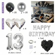 MZYI.LINGER 1050/21/200pcs Black & Silver Party Balloons Decorations, Silver Happy Birthday Banner, Chrome Silver Latex Balloons, Silver Heart Shaped Foil Balloons, 1000pcs Black Rose Petals, Suitable For Birthday Party, Birthday Decoration, Anniversary, Home Decor (18th/19th/20th/21st/25th/30th Birthday)
