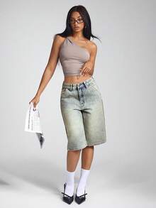 Jeanoix 夏季复古水洗直筒牛仔短裤 - 中等水洗藍 - 查看 5