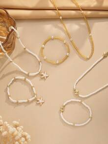 6/3 件波西米亚多层项链和弹力绳手链套装，饰有串珠海星、贝壳和珍珠装饰 - 可调节 - 非常适合海滩度假派对 - 女士夏季珠宝和配饰