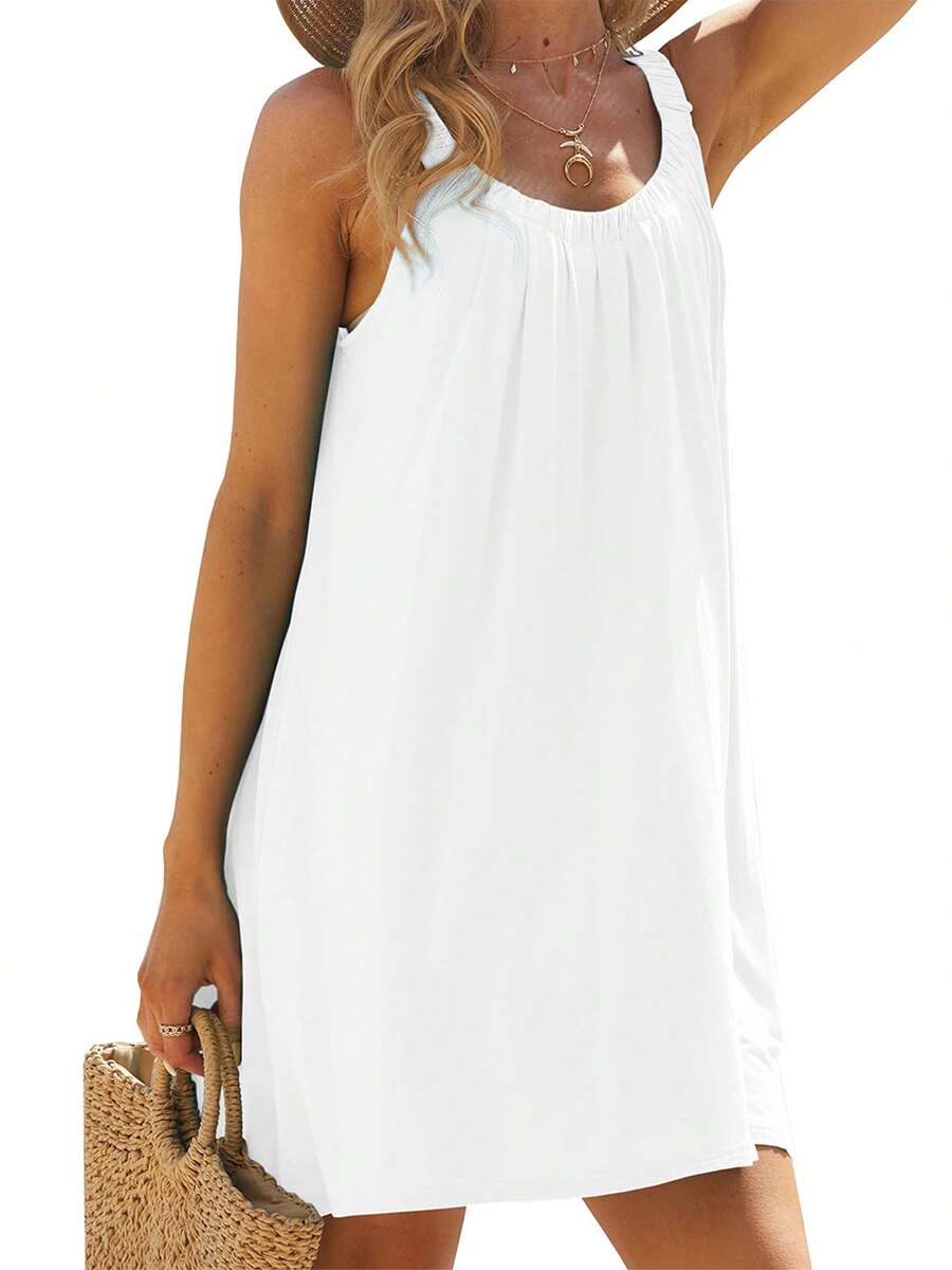 Women's Summer Short Beach Dress Solid Color Sleeveless Backless U Neck Beachwear - 白色 - 查看 1