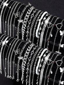 38pcs/19pcs/7pcs Set Women Elegant Vacation Style Hollow Butterfly & Heart Pendant Silver Color Anklet Jewelry Set, Fashionable Accessory For Girls Daily Vacation Beach Wear - Silver - View 3