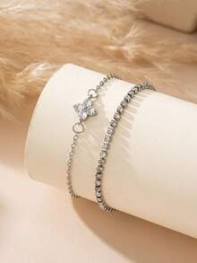 2pcs Elegant Cubic Zirconia Flower Bracelet Sets, Rhinestone Chain Double Layer, Suitable For Women Daily Dates Parties Gatherings - Silver - View 2