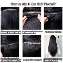 Kinky Straight Clip In Hair Extensions For  Women Full Head Brazilian Virgin Human Hair Natural Black Color,8/Pcs With 18Clips,22 Inch, Kinky Straight - Natural Black - View 6
