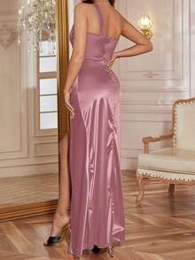 WOWDARK 夏季连衣裙，粉色情人节套装，纯色时尚优雅单肩褶皱开衩派对连衣裙，适合女士，可用于情人节、约会、聚会、派对、旅行、度假、海滩等场合，也适合婚礼等春季穿着。 - 藕粉色 - 查看 6