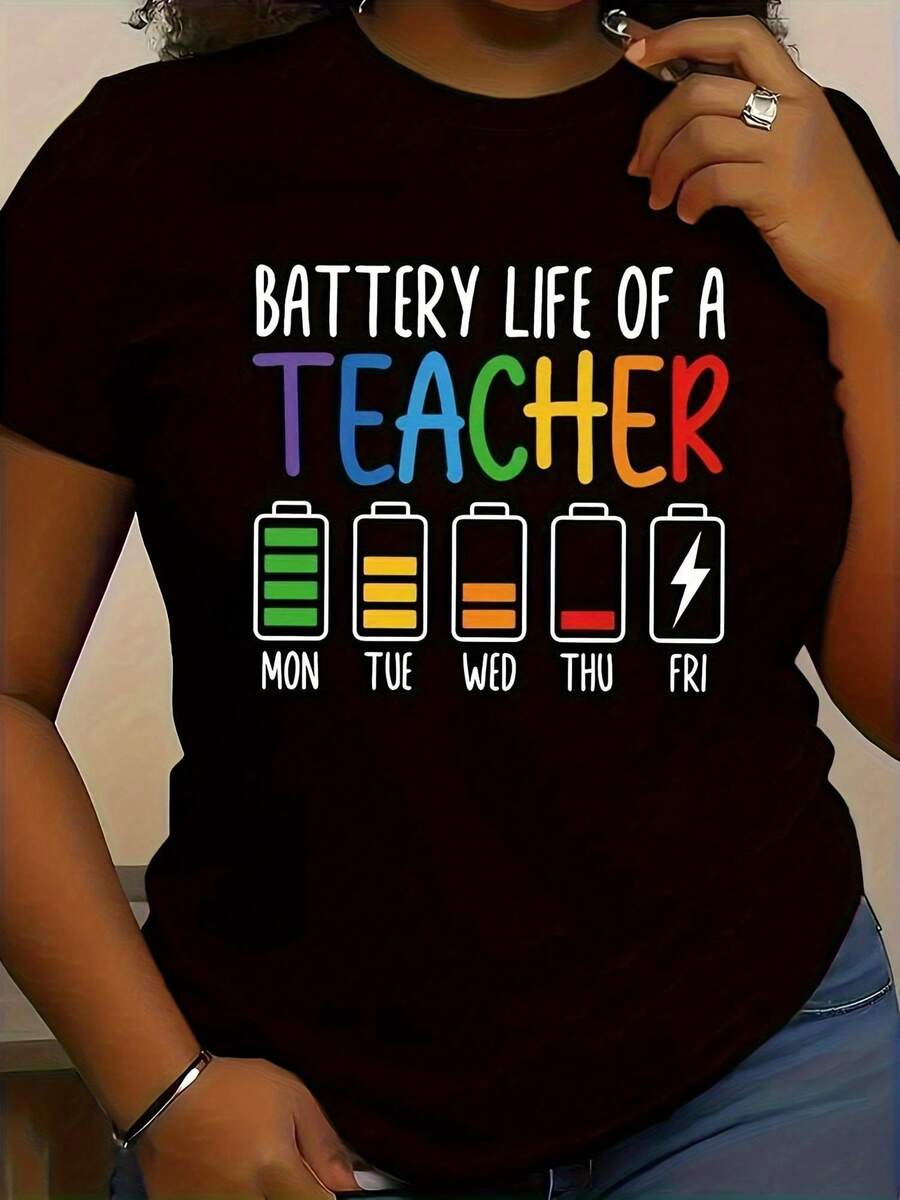Plus Size Fun Teacher's Battery Life Graphic T-Shirt - Soft Casual Fit With Battery Life Of A TEACHER Print, Short Sleeve, Round Neck, Machine Washable, Perfect For Daily Wear Teacher Appreciation Gifts, Everyday Tshirt Playful Graphic Tee Soft Women Size L-3XL 4XL 5XL - 黑色 - 查看 1
