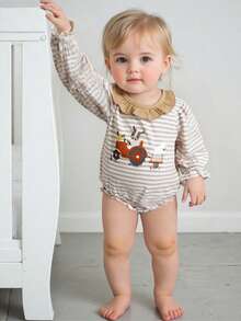 Baby Girl Fall Bubble Romper Stripe Print Strawberry Embroidery Long Sleeve Ruffled Round Neck Jumpsuit - Orange - View 5