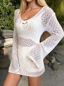 Sexy Resort Style Deep V-Neck Lace Hollow Metal Button Beach Long Sleeve Short Smock Dress - White - View 1