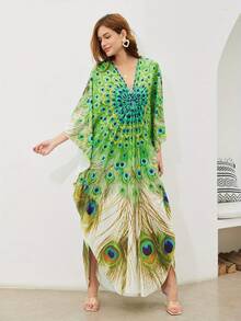 YI XUAN Women's Plus Size V-Neck Peacock Print Beach Dress, Boho Vibrant Green, Peacock Open Screen Print Design, 3/4 Sleeves, Summer Vacation Loose Dress Cover