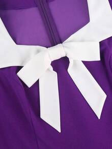 AOMEI 短袖蝴蝶结拼色百褶连衣裙优雅修身款女士夏季婚礼宾客款 - 紫色 - 查看 3