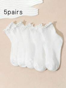 5 par białych skarpetek, śliczne białe, zakręcone skarpetki damskie - Biały - Zobacz 1