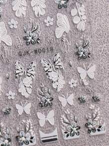 4 Pieces Of Bohemian Style Dark Flower Butterfly Relief Nail Art Stickers For Spring And Summer - Black, White, Blue, Pink Flowers, Vines, Leaves, Butterflies, Hearts, Bow Art Design, 5d Relief Craft, Suitable For Women's Disposable Self-Adhesive Back Adhesive Nail Art Stickers, Bohemian Style Dark Flower Theme Style, Easy To Stick Nail Decoration Stickers