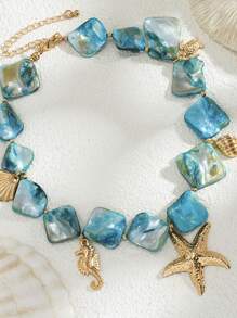 1 Peça Colar de Estilo Boêmio com Pingentes Metálicos de Estrela-do-mar, Tartaruga Marinha, Concha, Cavalo-marinho, Colar Gargantilha com Contas de Concha Natural Irregular, Adequado para Uso Diário de Mulheres, Presente de Feriado, Decoração de Festa na Praia, Joia Encantadora
