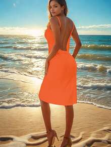 2026 New Solid Color Women Lightweight Sheer Wrap Dress Beach Cover Up Maxi Dress, Milk Silk Polyester Fabric - Orange - View 4