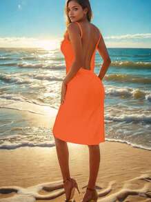 2025 New Solid Color Women Swimsuit Cover Up, Spaghetti Strap Beach Mesh Wrap Mid-Long Dress