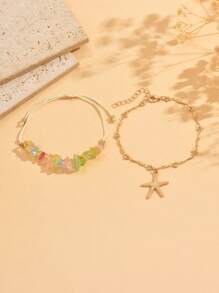 2pcs Set Summer Beach Holiday Style Turquoise Adjustable Anklet With Metallic Starfish Pendant, Fashion Beaded Jewelry For Women Daily Wear And Travel, Colorful Turquoise Shapes/Sizes Are Random