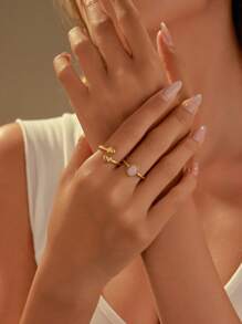 2pcs Stainless Steel Plated 18k Gold French Elegant Pink Gemstone, Double Headed Heart Ring Set, Suitable For Daily Wear, Parties, Festivals, Beach Vacations, Gifts Or Collections