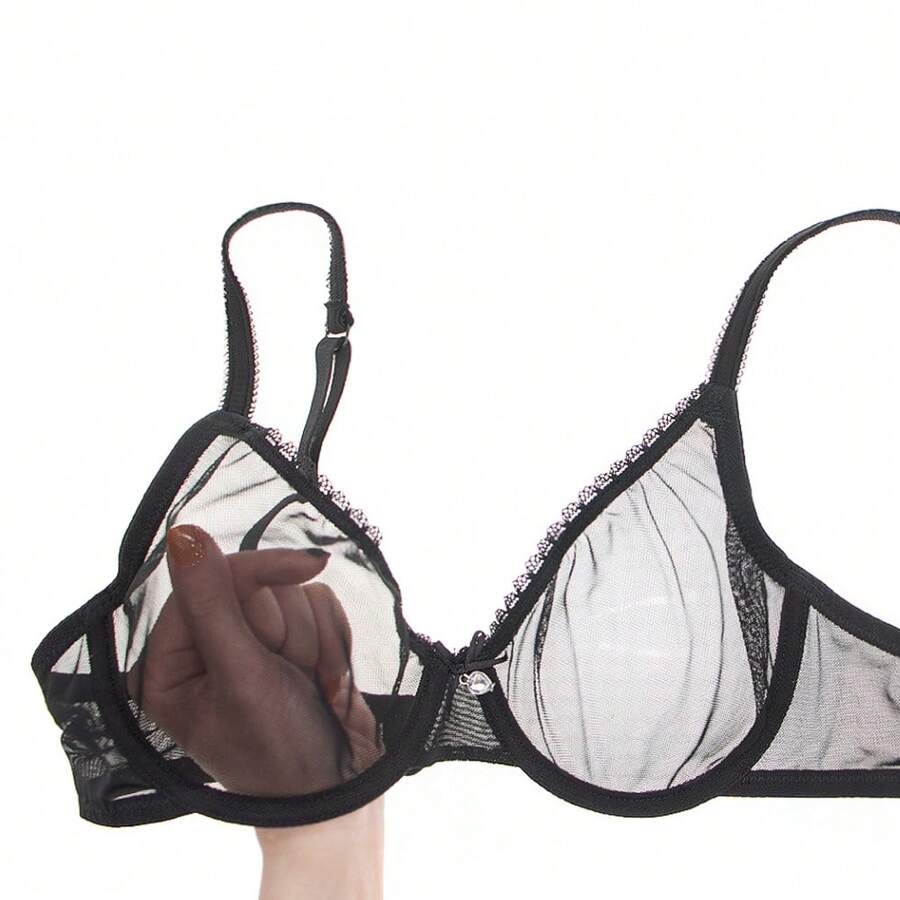 Women's Black Sexy Mesh Bra, Semi-Transparent Lace Trim Rhinestone Decor, Breathable Lingerie - Black - View 1