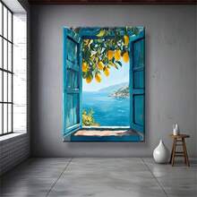 1幅地中海窗景墙画，海岸柠檬树印花帆布画，意大利海滨风景海报，蓝色美学装饰，适合卧室、客厅或公寓墙面装饰，送她的礼物，不含画框 - 彩色 - 查看 5